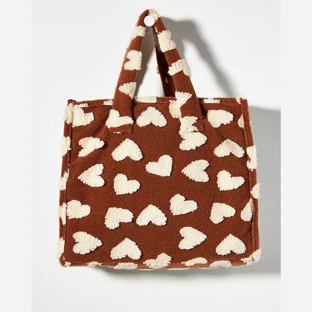 Anthropologie Faux Fur Brown and Cream Heart Pattern Tote Bag